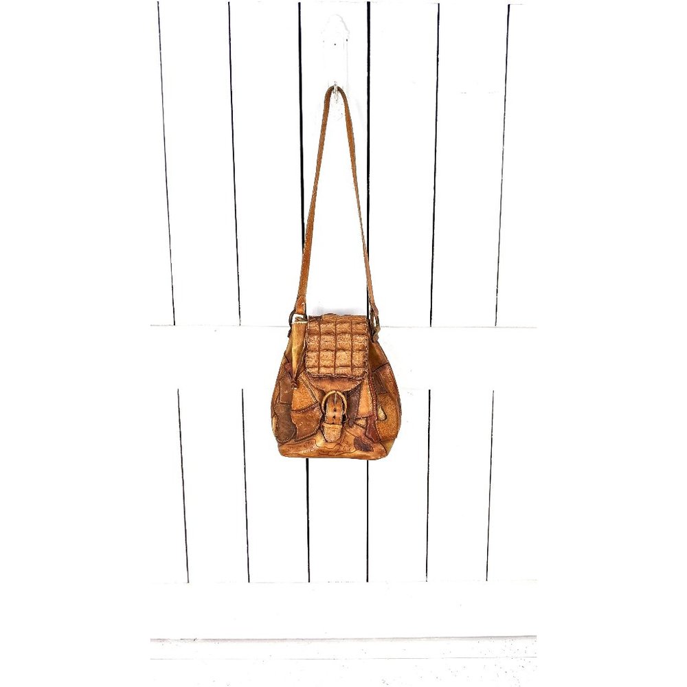70’s vintage brown tooled patchwork leather drawstring bucket bag shoulder purse